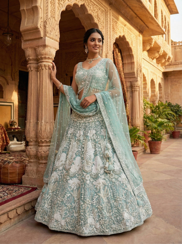 Pista Net Heavy Floral Embroidered Ghagra Set