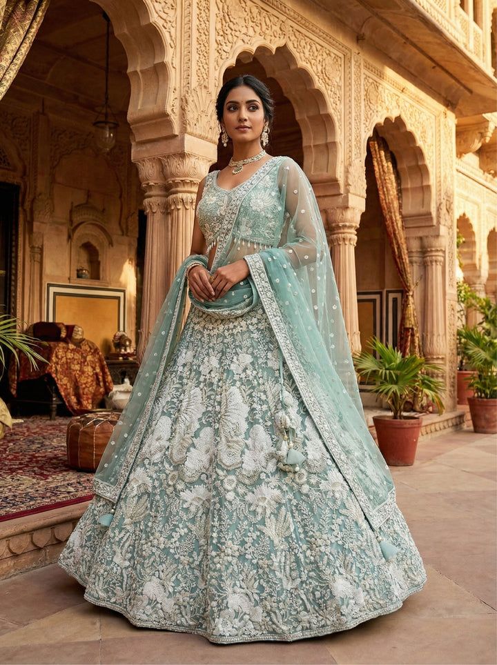 Pista Net Heavy Floral Embroidered Ghagra Set