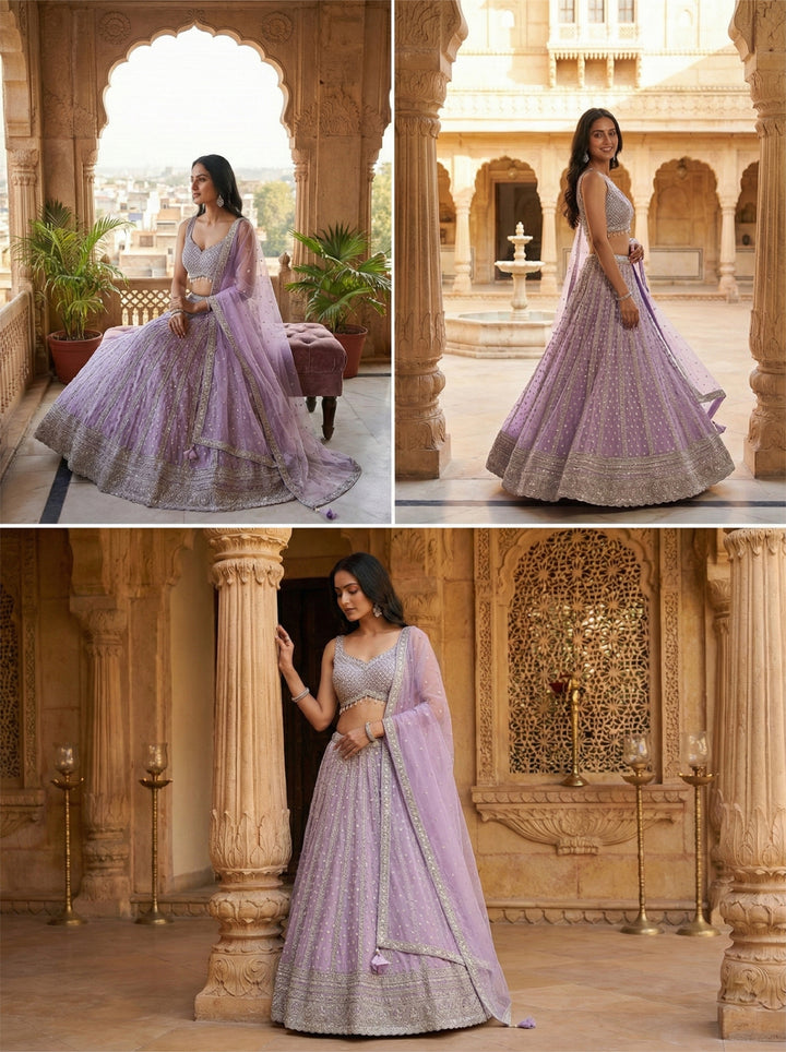 Neerus Purple net hand embroidered lehenga set - side view