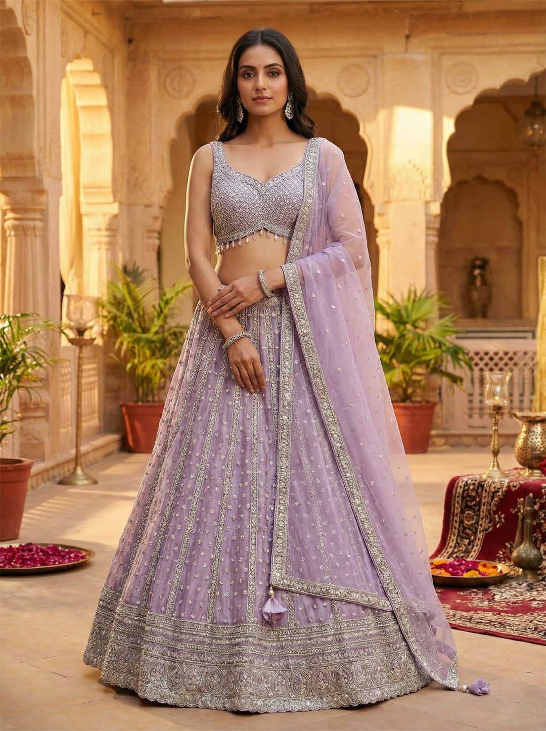 Neerus Purple net hand embroidered lehenga set - back view