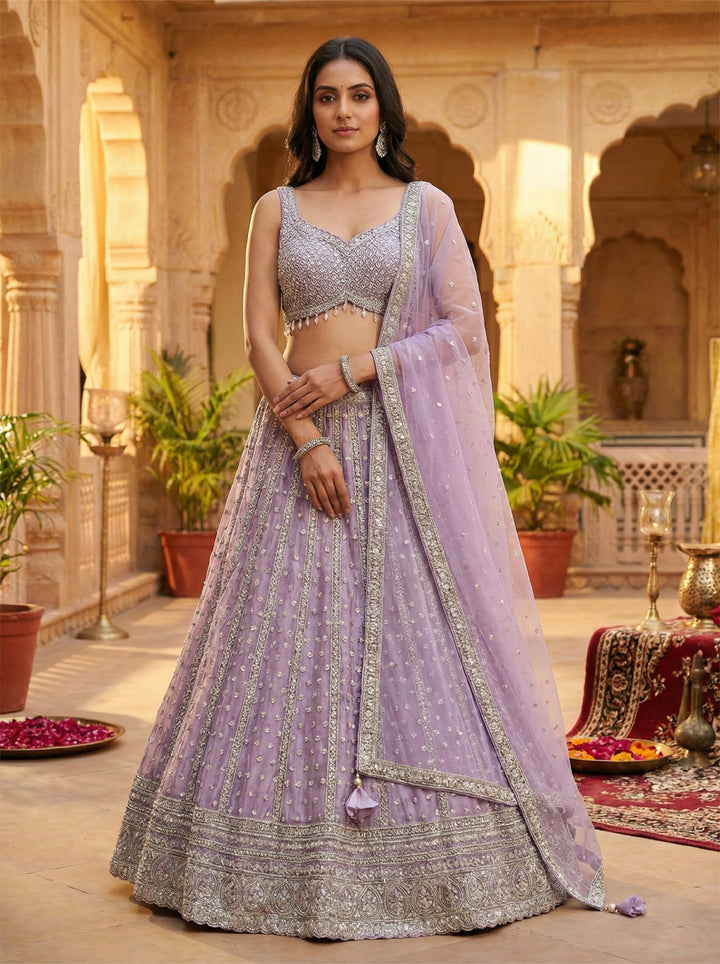 Neerus Purple net hand embroidered lehenga set - back view