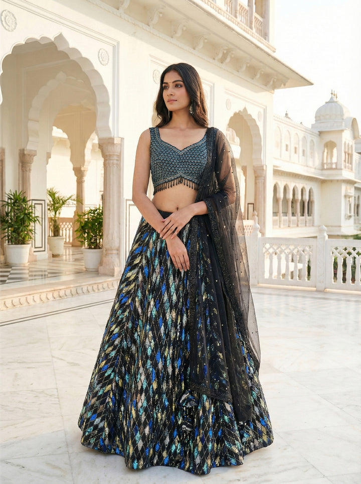 Neerus Black net embellished lehenga set - front view