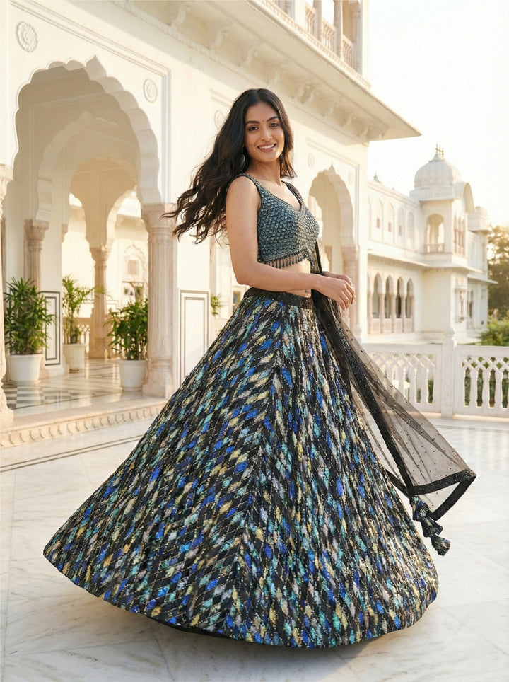 Neerus Black net embellished lehenga set - back view