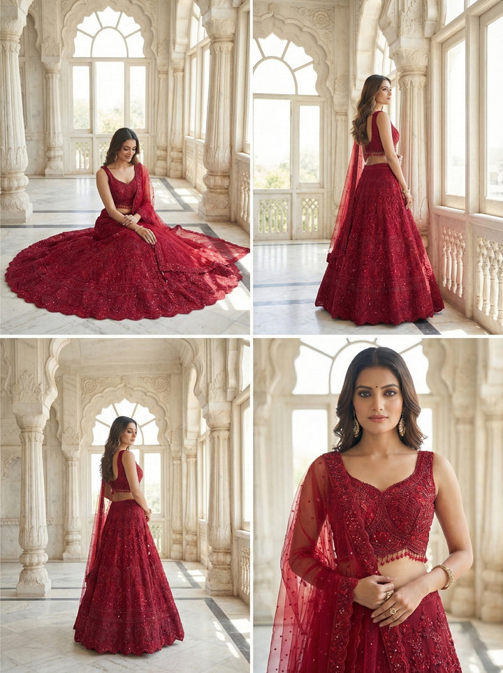 Neerus Red tissue hand embroidered lehenga set - back view