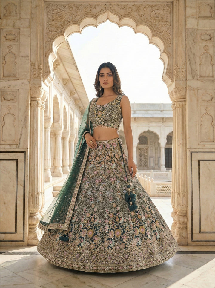 Bottle Green Net Floral Hand Embroidery Ghagra Set