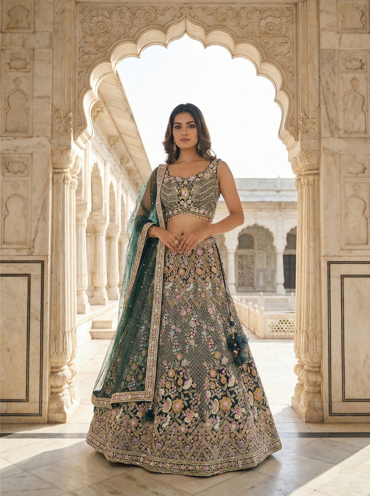 Bottle Green Net Floral Hand Embroidery Ghagra Set