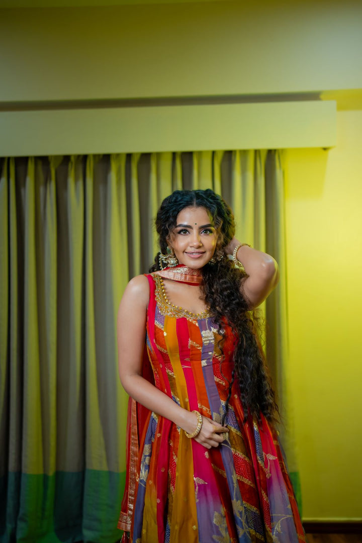 Neerus Multicolor Embroidery Organza Fabric Anarkali Plazzo and Dupatta