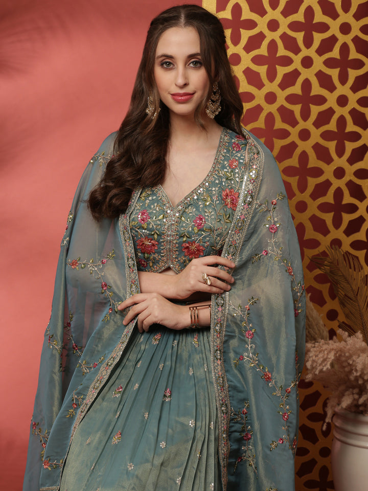 Rama Tissue Silk Ghagra Set With Embroiderey