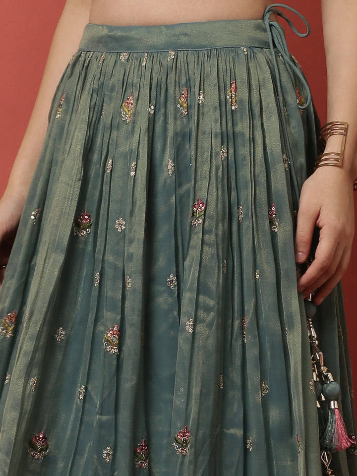 Rama Tissue Silk Ghagra Set With Embroiderey