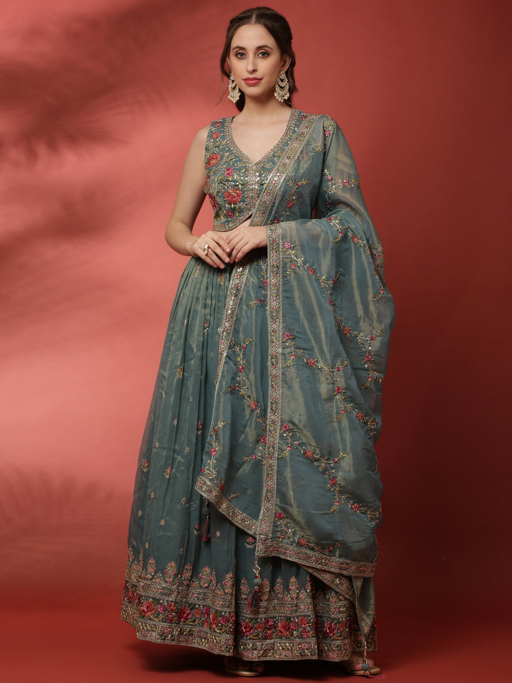 Rama Tissue Silk Ghagra Set With Embroiderey