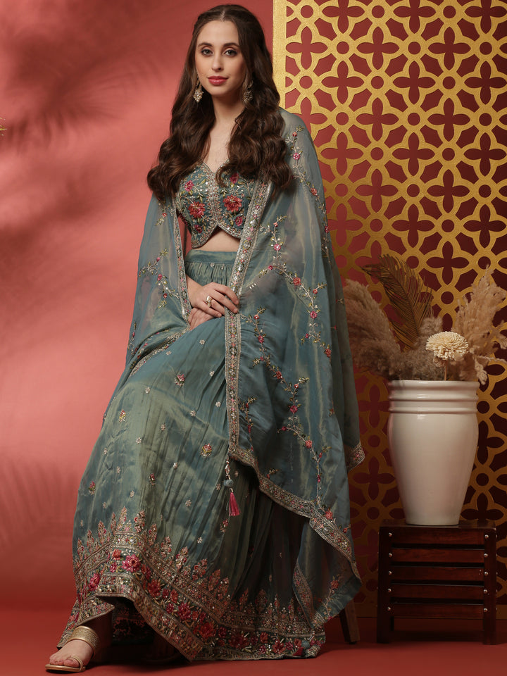 Rama Tissue Silk Ghagra Set With Embroiderey