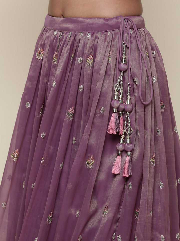 Lavender tissue embroidered Three piece ghagra set