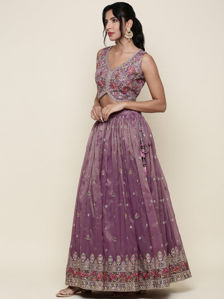 Lavender tissue embroidered Three piece ghagra set