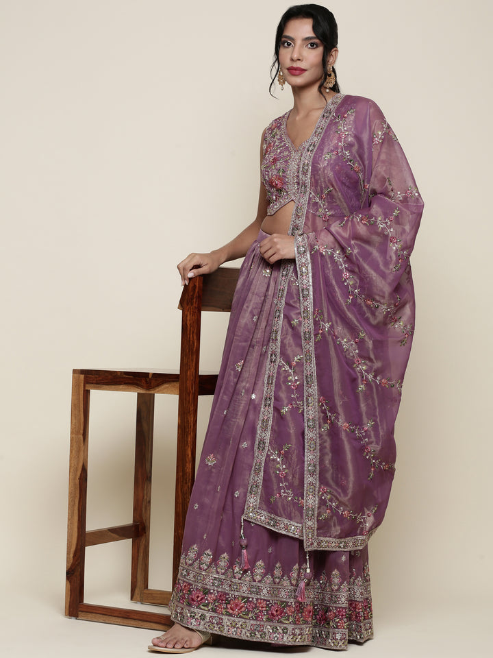 Lavender tissue embroidered Three piece ghagra set