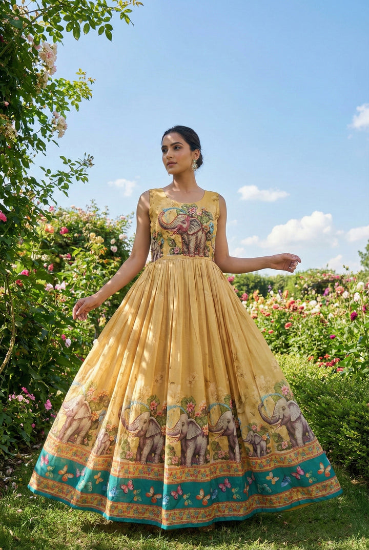 Yellow Dola Poly Digital Print Long Dress