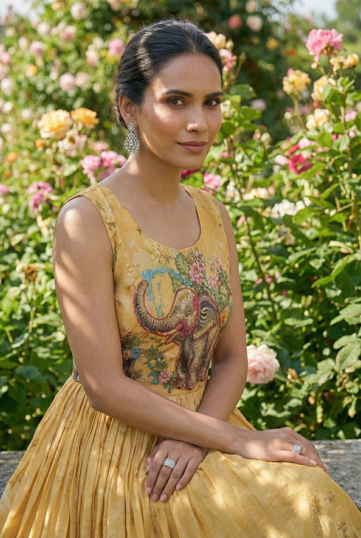 Yellow Dola Poly Digital Print Long Dress