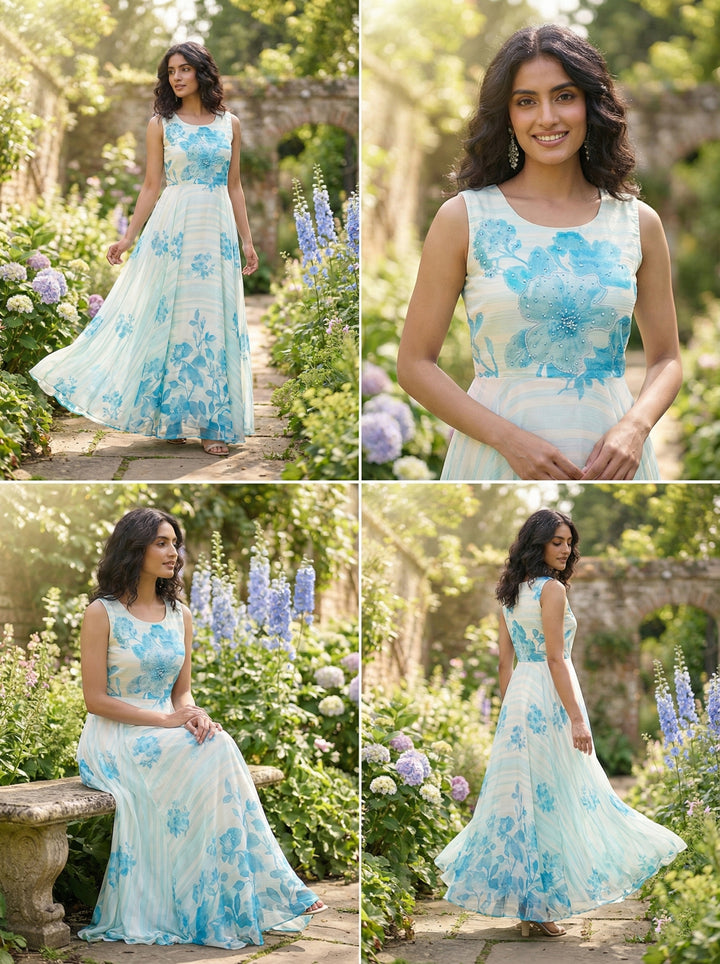 Off White Georgette Floral Digital Print Long Dress