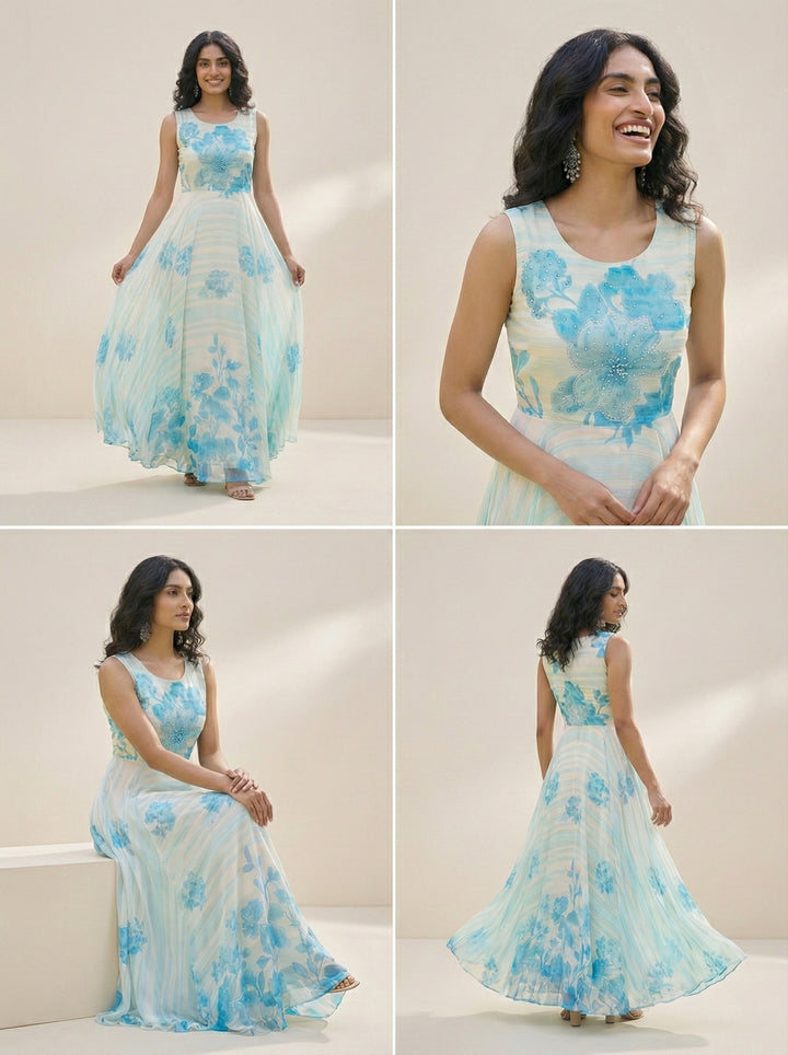 Off White Georgette Floral Digital Print Long Dress