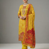 Mustard Muslin Digital Print Three Piece Set