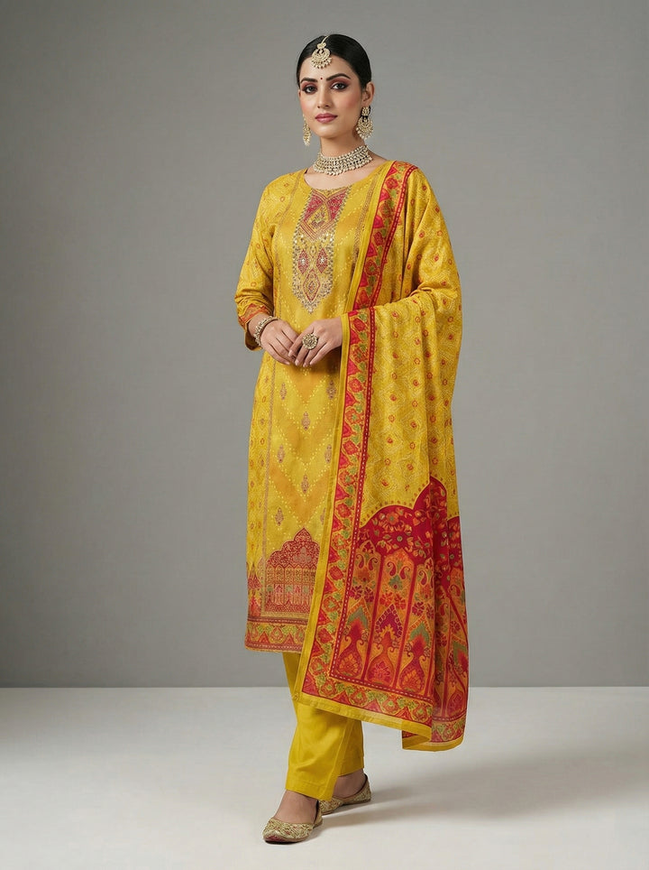 Mustard Muslin Digital Print Three Piece Set