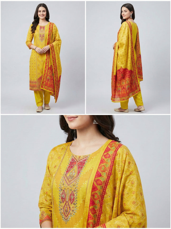 Mustard Muslin Digital Print Three Piece Set