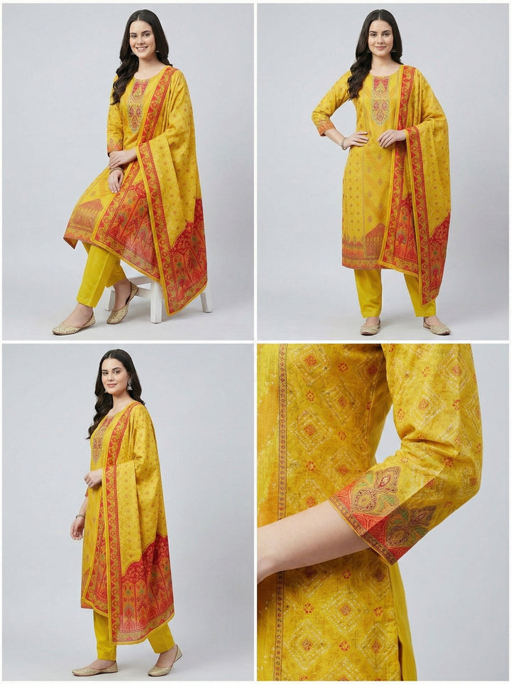 Mustard Muslin Digital Print Three Piece Set