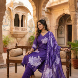 Purple Muslin Floral Printed Three Piece Set