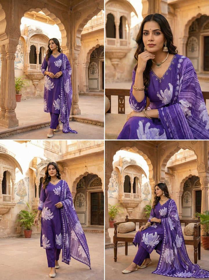 Purple Muslin Floral Printed Three Piece Set