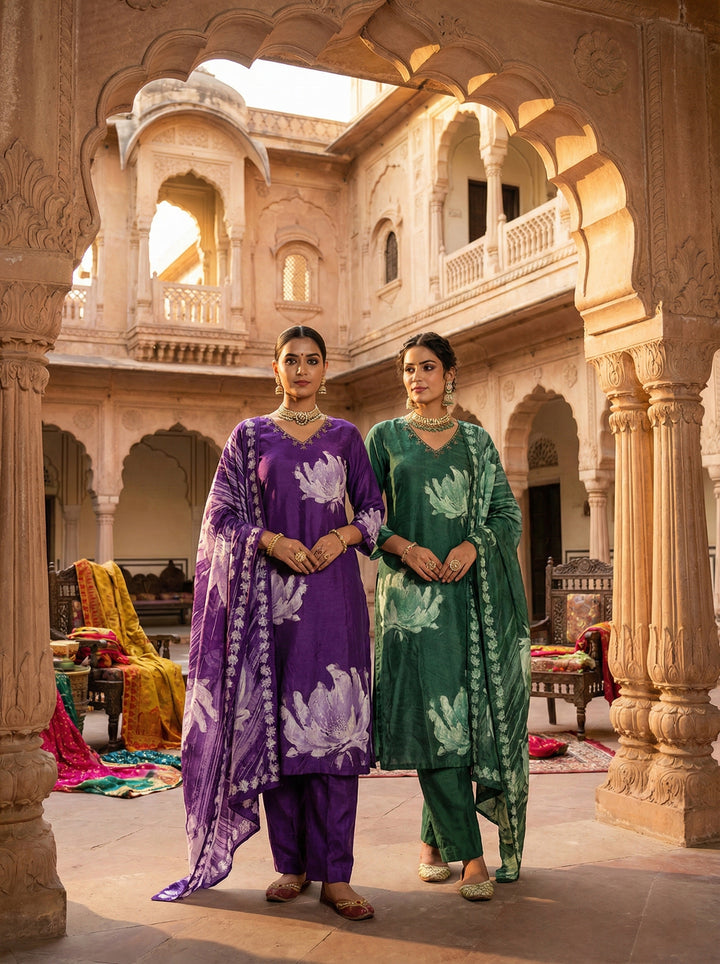 Purple Muslin Floral Printed Three Piece Set