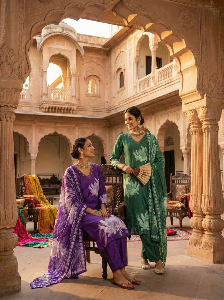 Purple Muslin Floral Printed Three Piece Set