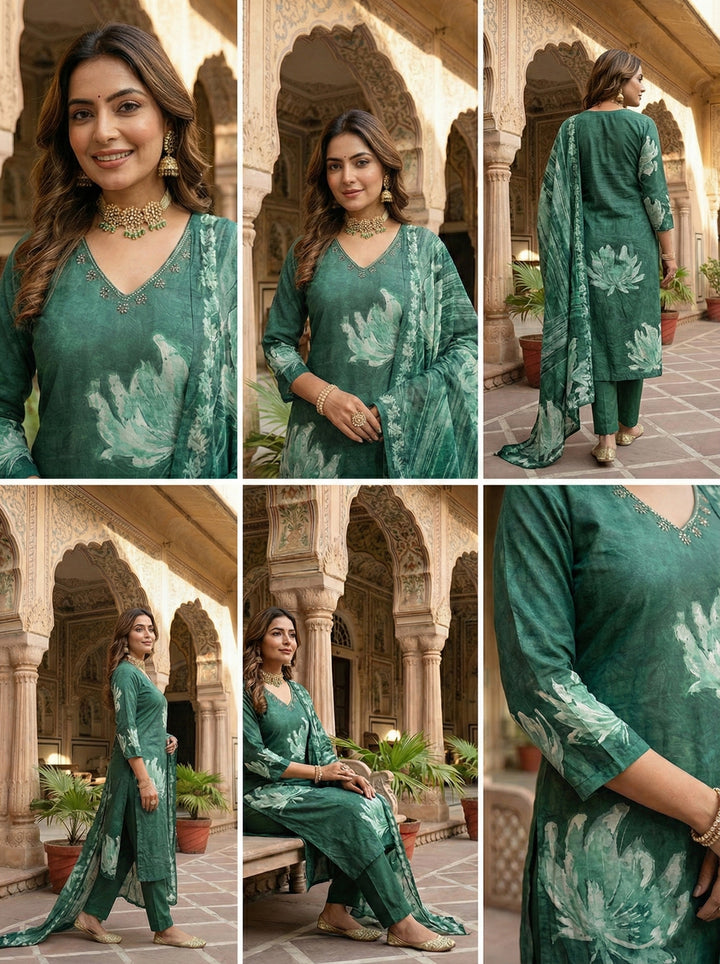 Bottle Green Muslin Floral Printed Three Piece Set