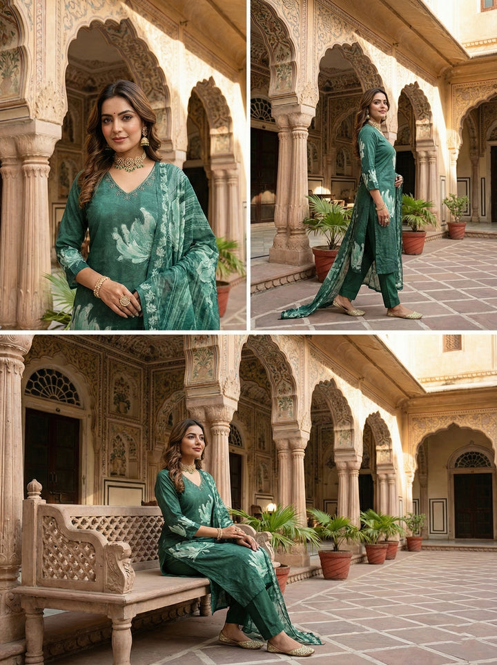 Bottle Green Muslin Floral Printed Three Piece Set
