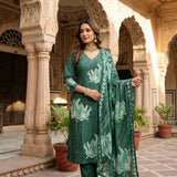 Bottle Green Muslin Floral Printed Three Piece Set