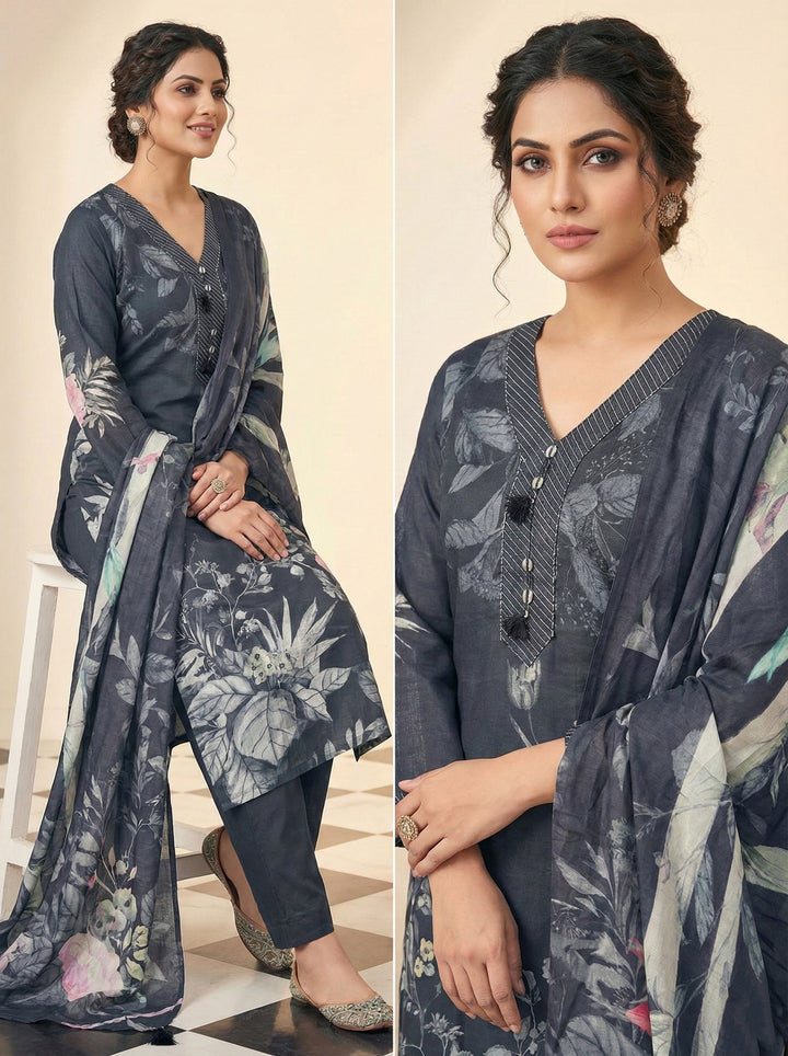 Black Muslin Floral Printed Three Piece Set