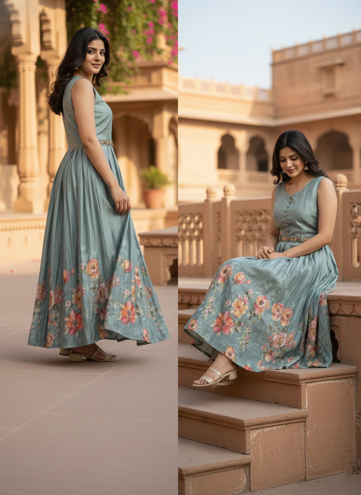 Pista Silk Floral Printed Long Dress