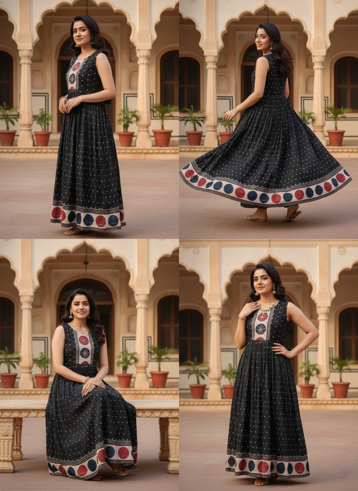 Black Georgette Printed Long Dress