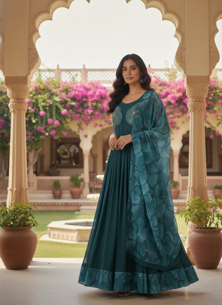 Peacock Georgette Floral Printed Long Dress