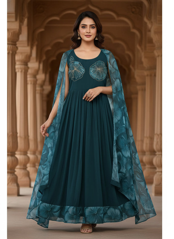Peacock Georgette Floral Printed Long Dress