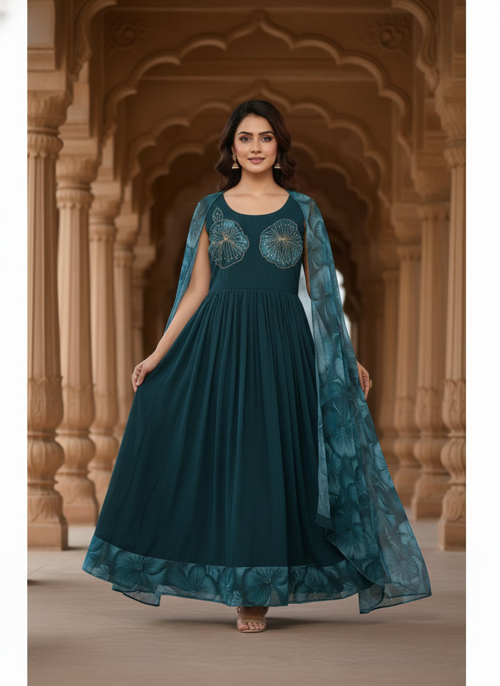 Peacock Georgette Floral Printed Long Dress
