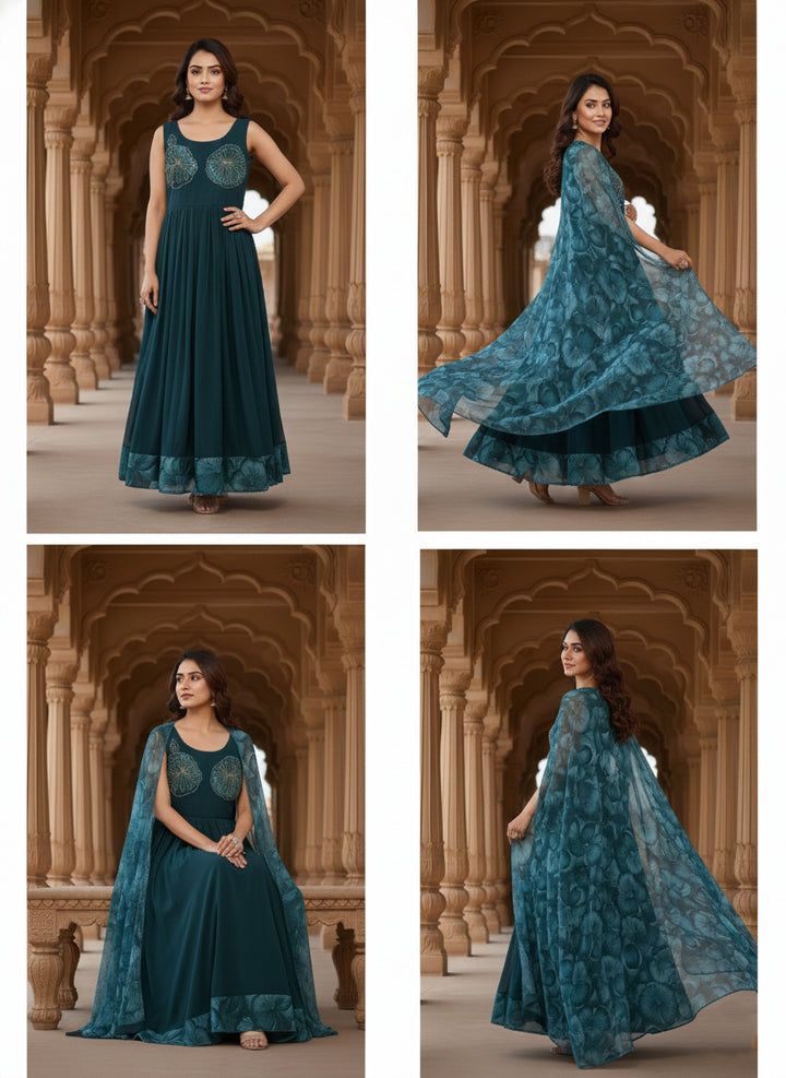 Peacock Georgette Floral Printed Long Dress