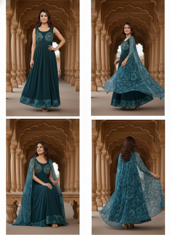 Peacock Georgette Floral Printed Long Dress