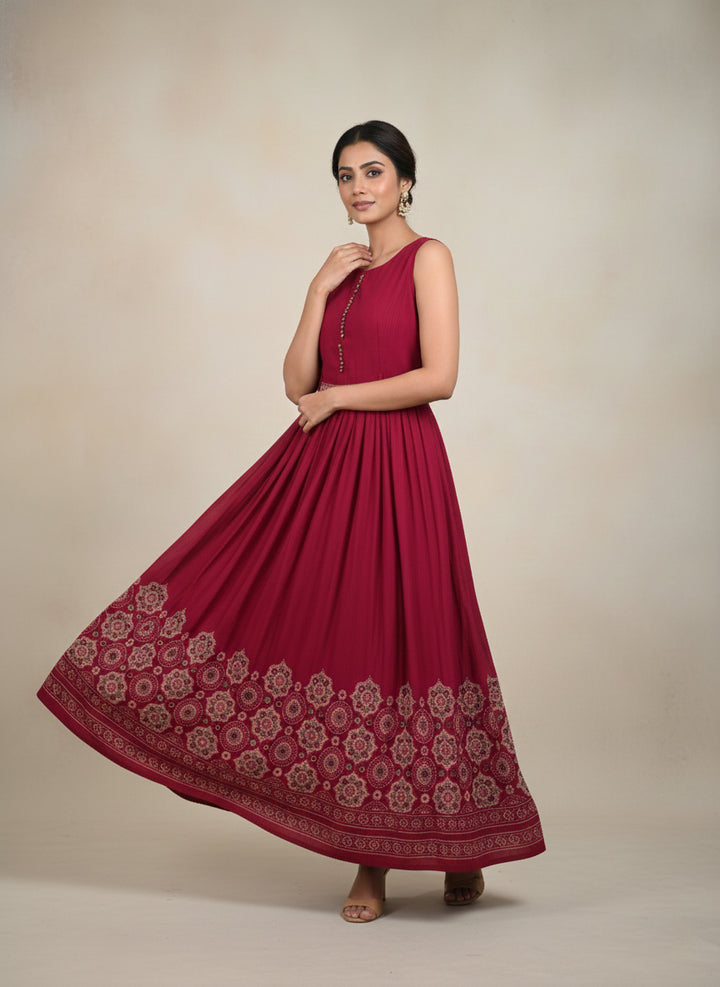 Maroon Georgette Digital Print Long Dress