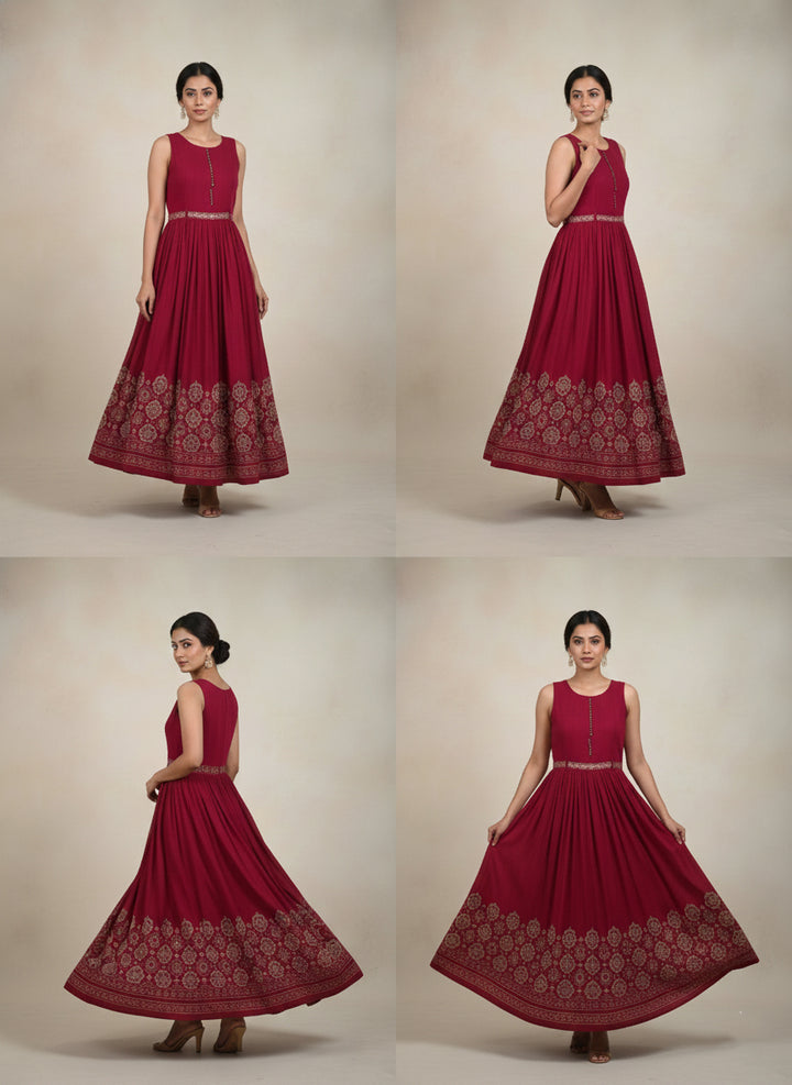Maroon Georgette Digital Print Long Dress