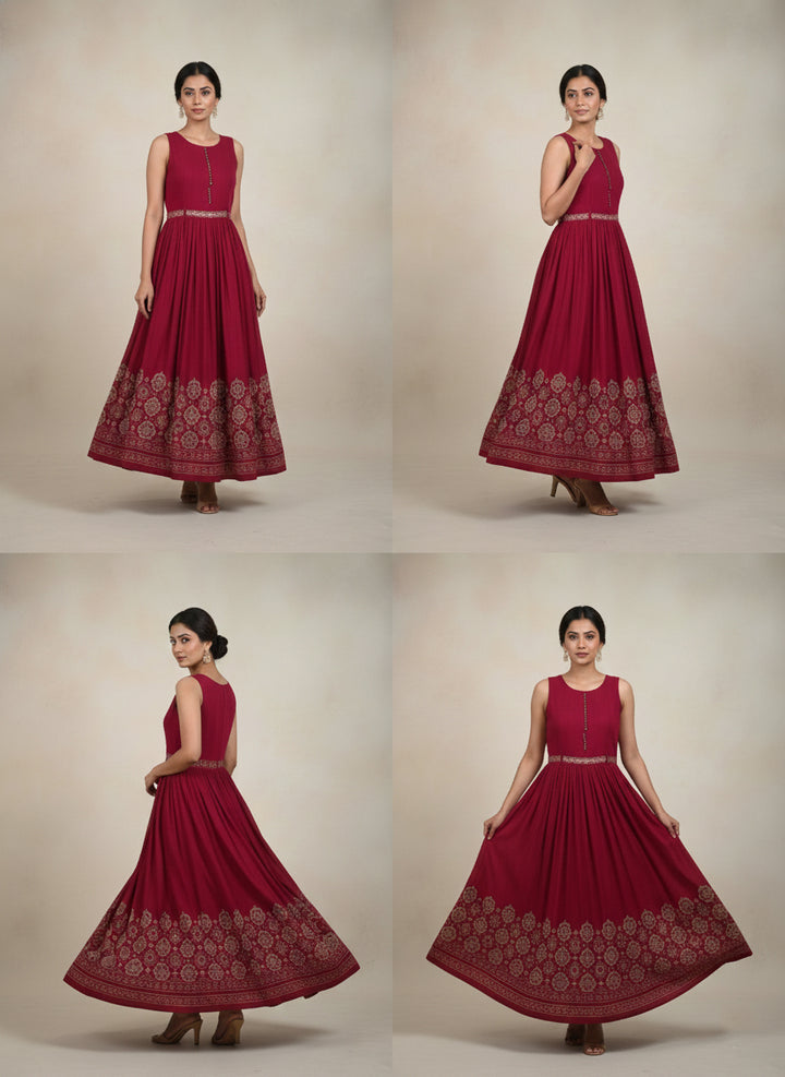 Maroon Georgette Digital Print Long Dress