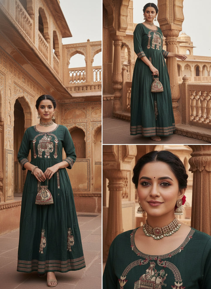 Green Chinnon Printed Long Dress