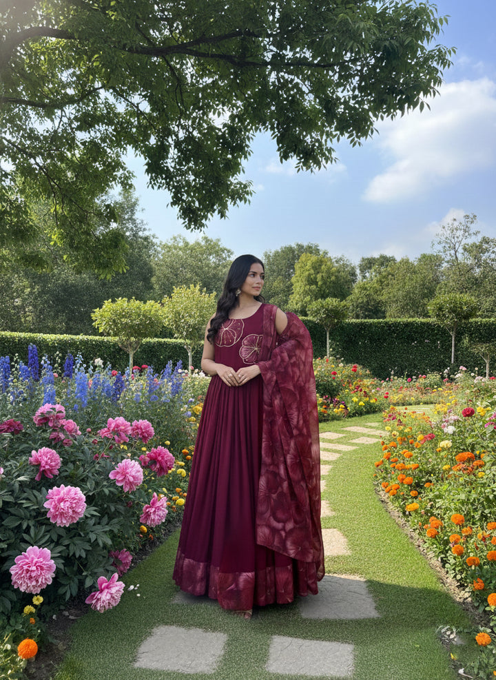 Maroon Georgette Floral Printed Long Dress
