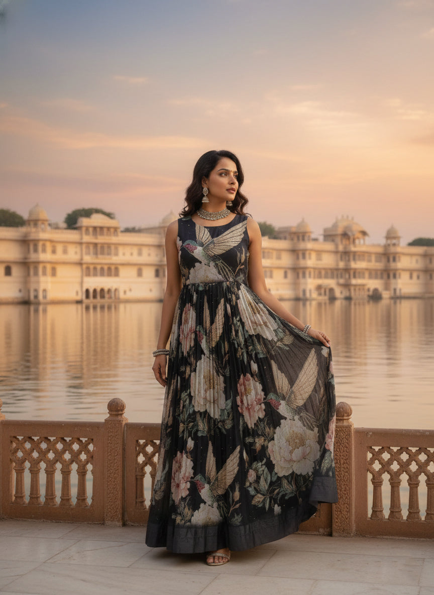 Neerus Black Floral Digital Printed Georgette Maxi Dress for Festive Party Wedding Women – Neerus India