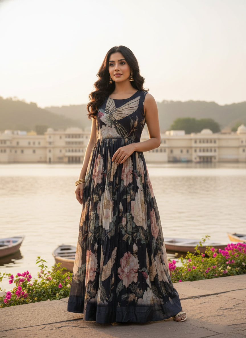 fitted lace wedding dress Neerus Black Floral Digital Printed Georgette Maxi Dress for Festive Party  Wedding Women – Neerus India