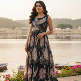 Black Georgette Floral Digital Print Long Dress