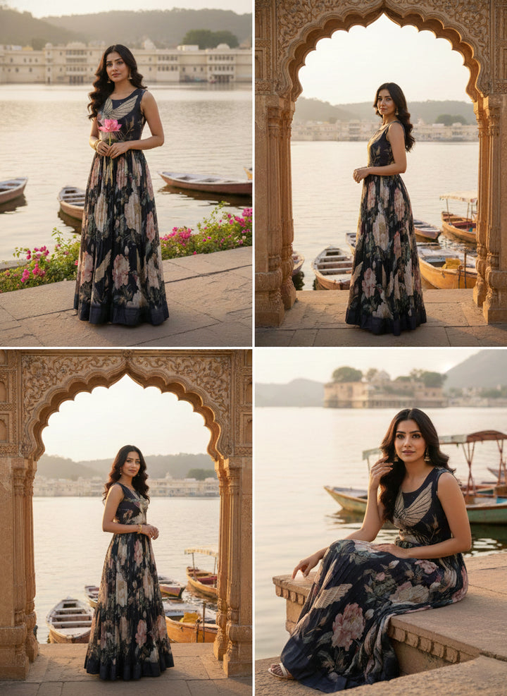 Black Georgette Floral Digital Print Long Dress
